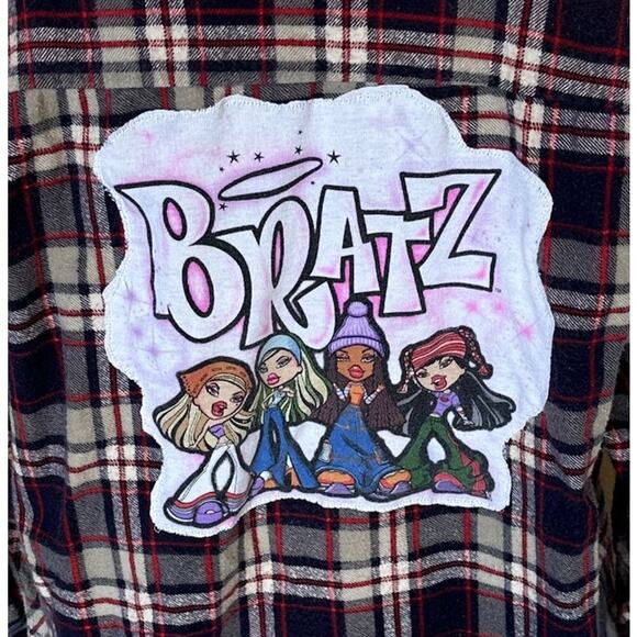 Bratz Plaid Flannel Shirt LARGE Oversized Upcycle Unique Grunge Y2K Shacket - Picture 2 of 6